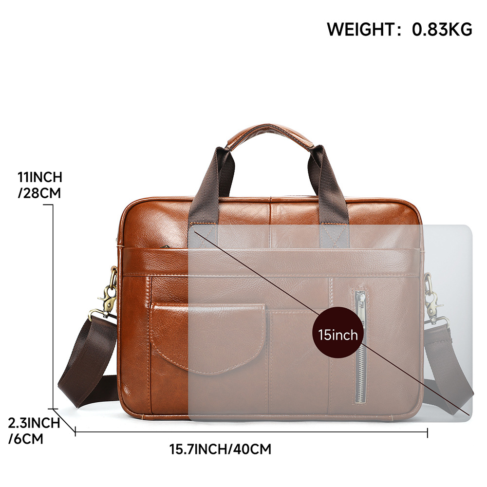 Cặp da bò thật nam cao cấp nhiều ngăn đựng laptop 14 inch, phong cách công sở — Phụ kiện đồng thau cổ điển màu đen, Màu nâu, màu đen, Cà phê đen