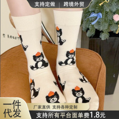 可爱个性卡通袜子女中筒袜春秋款韩版ins潮网红企鹅黑猫情侣长袜