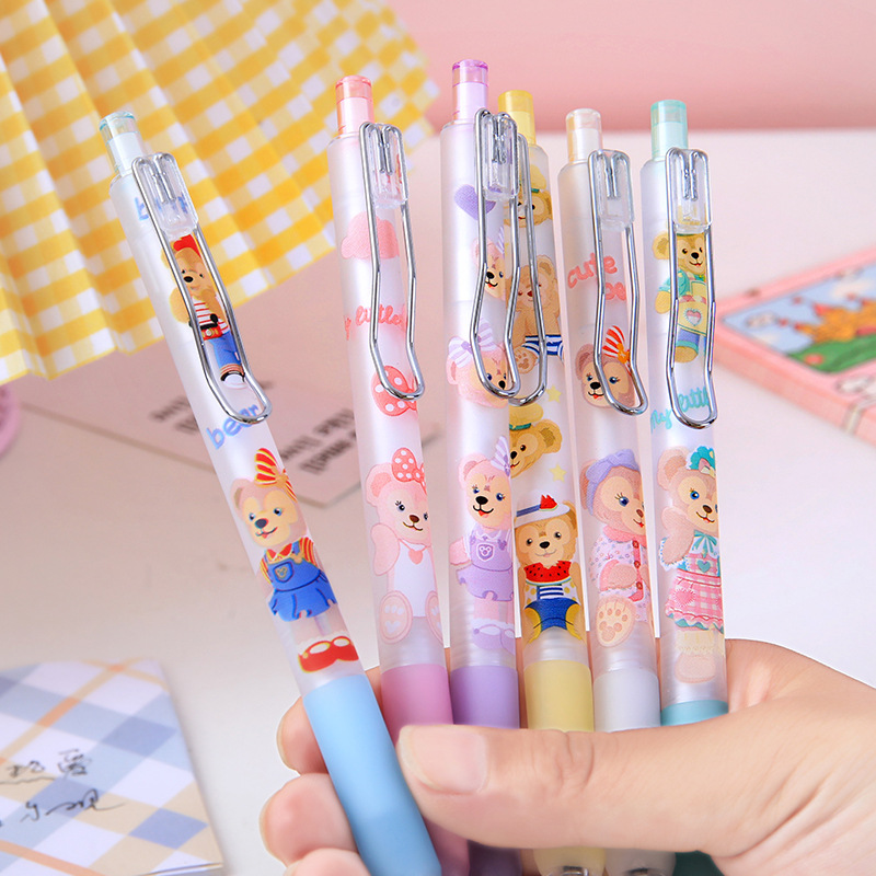 Bolígrafo de Gel con Diseño de Oso Duffy de Dibujos Animados, Bolígrafo de Presión, Bolígrafo de Metal con Clip para Niñas, Herramienta de Escritura para Estudiantes