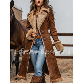 跨境欧美牛仔女式西部复古风衣毛绒秋冬时尚保暖外套