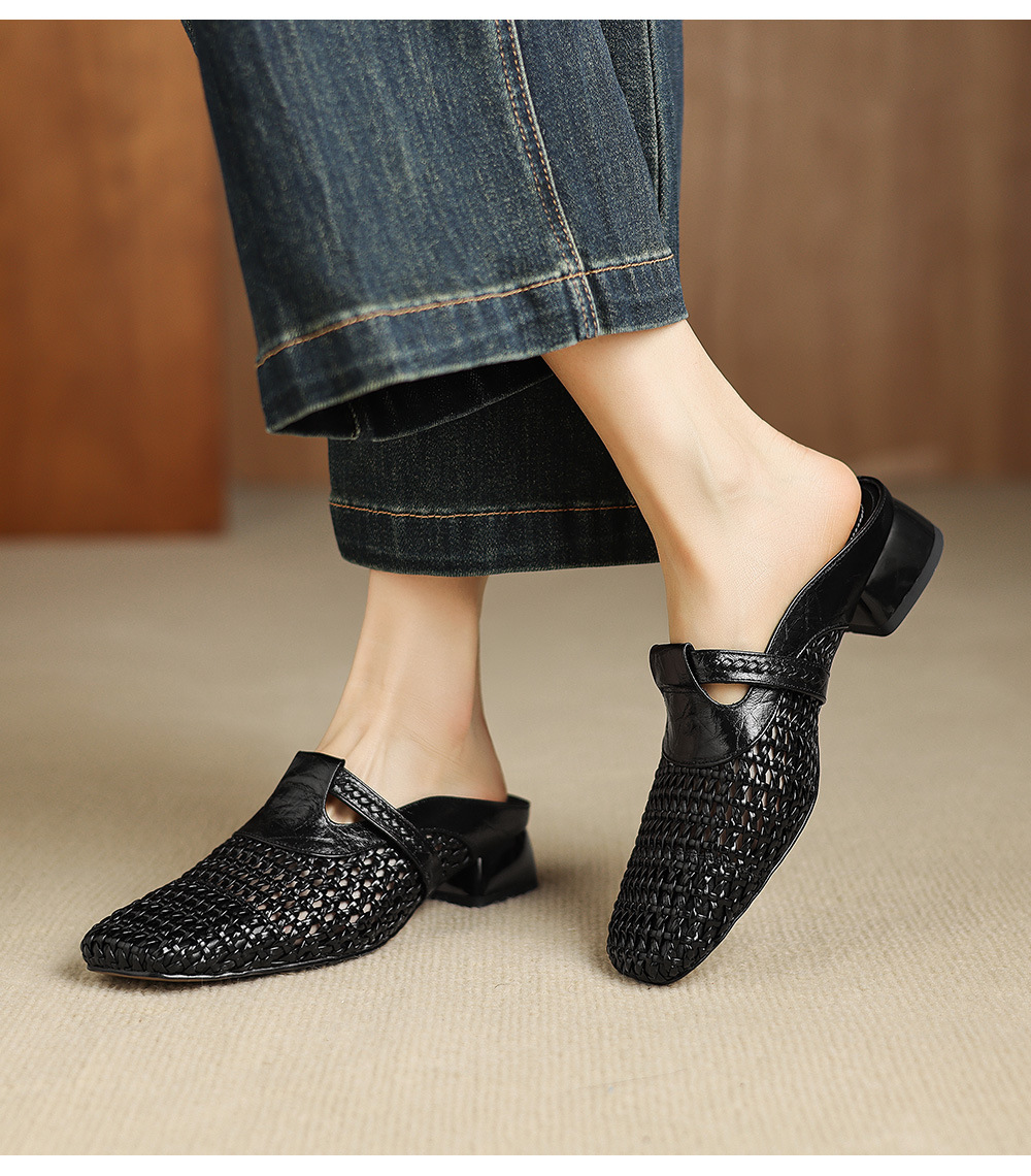Dép sandal nữ quai chữ V đan dệt, gót thấp 3 cm, phong cách vintage — đen chi tiết 9