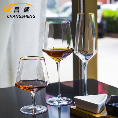 钻石六棱红酒杯透明玻璃水晶高脚杯创意六角描金边威士忌香槟酒杯|ru