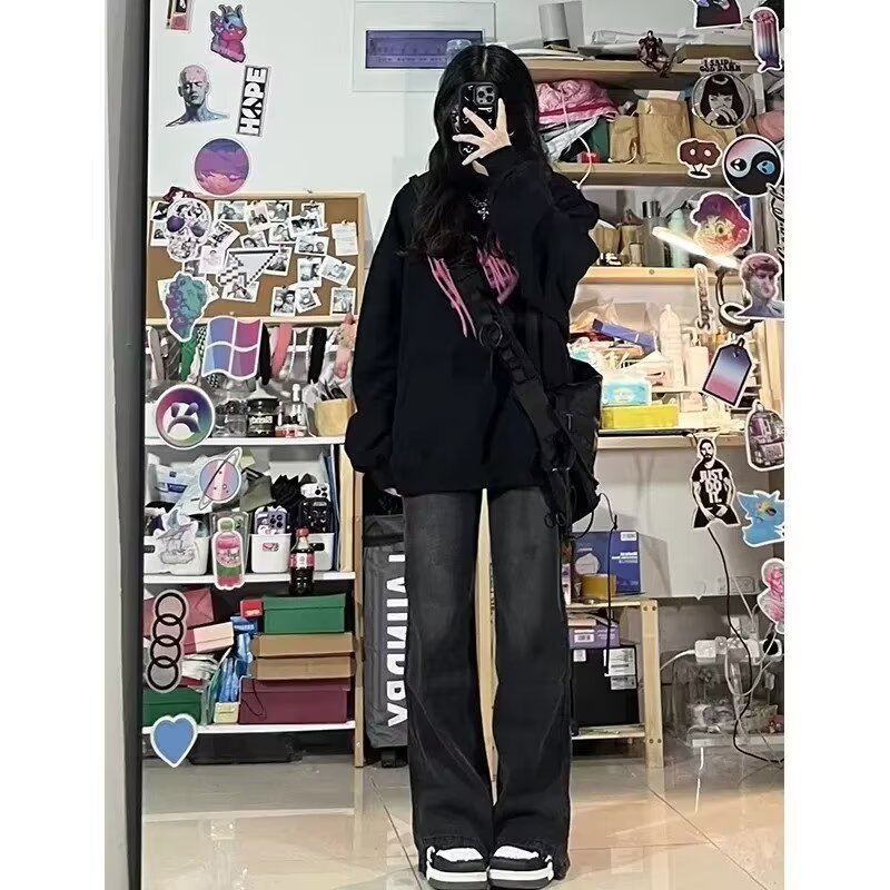 Moda americana calle todo fósforo guapos jeans hombres sueltos rectos casuales hollín pantalones ins tendencia mezclilla