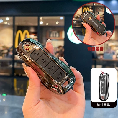 Car key bag, 911/922/Taycan/718 Protective Case - model-a-4-button-gun-color-black-leather-single-shell