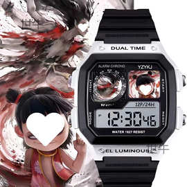 哪吒2魔童闹海电影儿童初中生防水带闹钟电子小方块手表石英