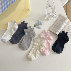 後跟刺繡蝴蝶結襪子女甜美短襪春夏薄款純色船襪網眼透氣淺口襪子