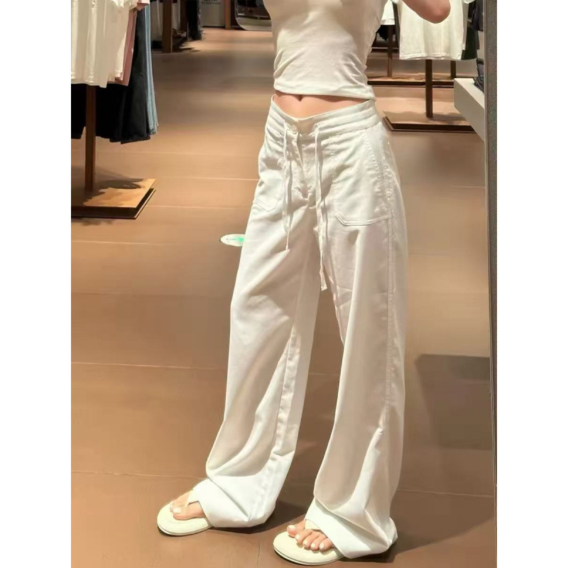 175高个子白色松弛感抽绳亚麻阔腿裤女2026夏薄款棉麻直筒拖地裤