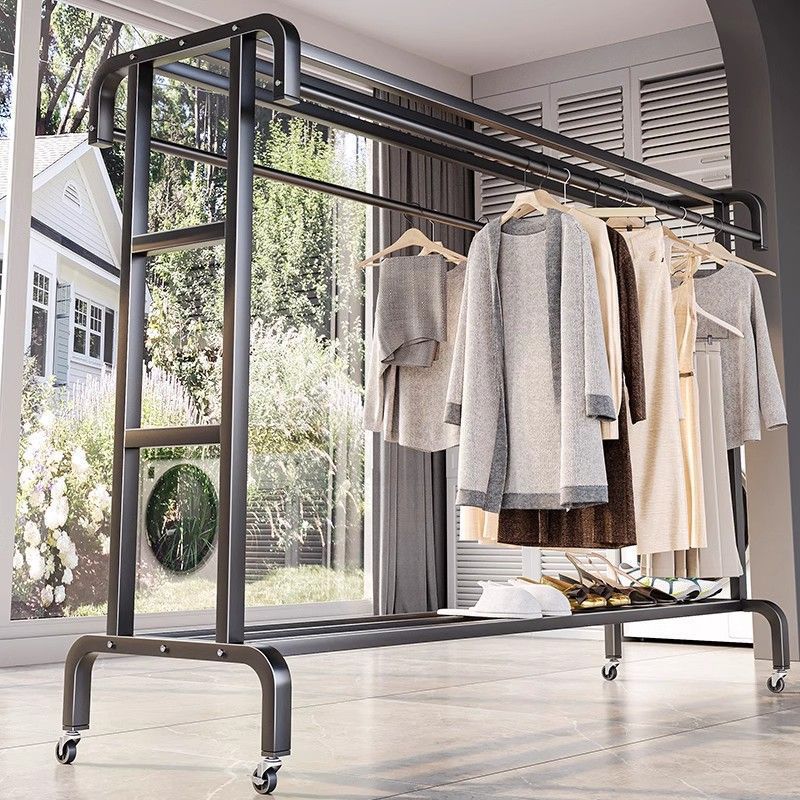 Thickened Windproof Clothes Hanger Floor-Standing Vertical Bedroom Coat Rack Outdoor Clothes Drying Rack Double-Pole Multi-Functional Clothes Hanger