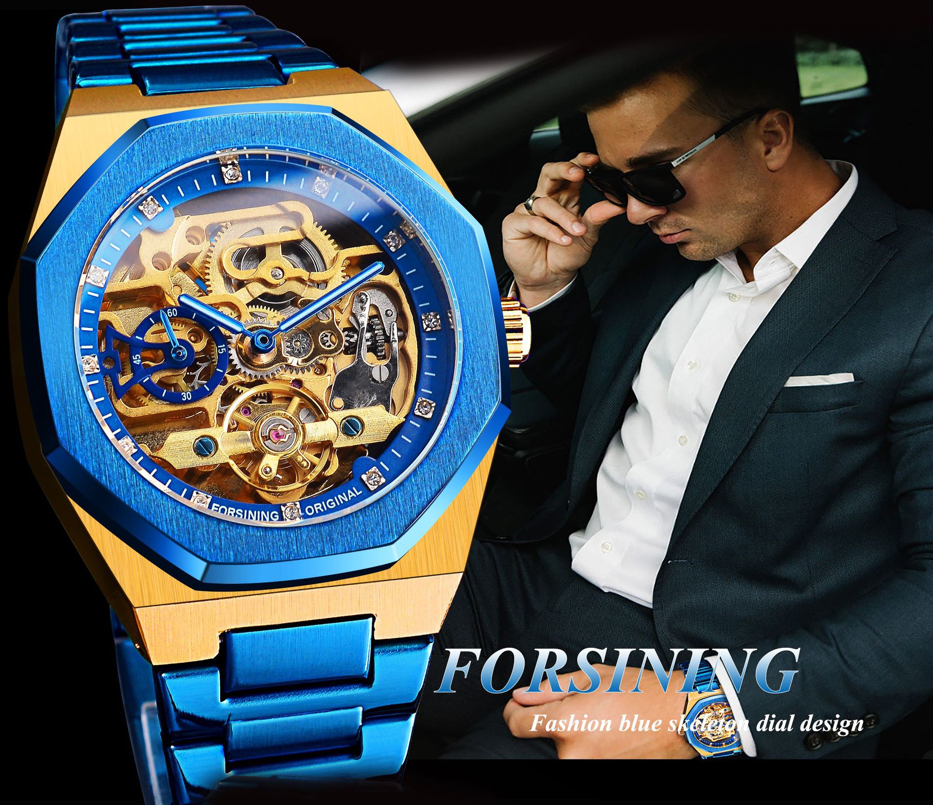 Men's Automatic Mechanical Watch With Blue Steel Strap Tourbillon_voghion.com