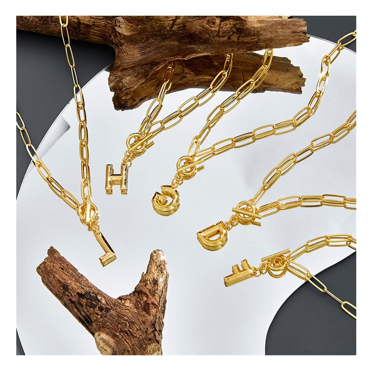 letter 18K geometric brass electroplating gold pendant simple copper necklace female