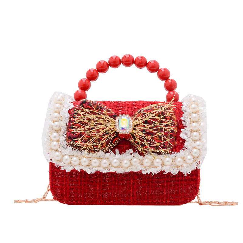 Año Nuevo gran bolso cuadrado rojo para niños bolso de perla bebé lindos bolso de cadena de arco bolso de cambio de niñas
