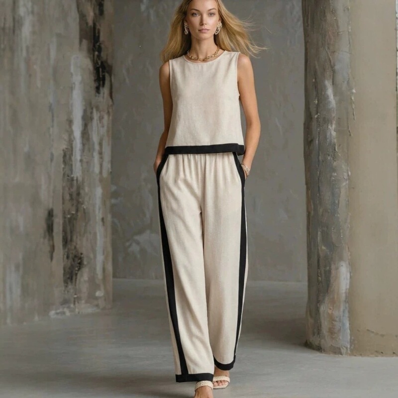 2026 European and American Cross-Border Y2 Hot-Selling Women's Fashion Color-Blocking Round-Neck Vest + Long Pants Women's Casual Two-Piece Set 2026 European and American Cross-Border Y2 Hot-Selling Women's Fashion Color-Blocking Round-Neck Vest + Long Pants Women's Casual Two-Piece Set