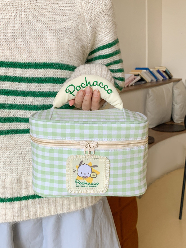 キュートでクリエイティブなガーリーハートチェック柄大容量化粧品バッグ絶妙な高価値刺繍チェック柄ハンドバッグ収納袋|undefined