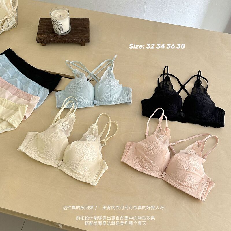 1292 Front-Clasp Bra Without Underwire, Push-Up for Small Busts, Comfortable and Sexy Lace Lingerie, Women's Sensual Backless Bra