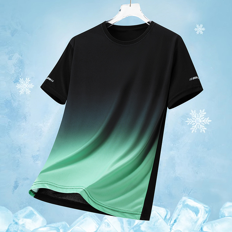 Abbigliamento da uomo T-shirt da uomo in maglia di seta ghiacciata ad asciugatura rapida, taglia grande, ampia, stampa sfumata, asciugatura rapida, scollo rotondo, traspirante, manica corta_voghion.com