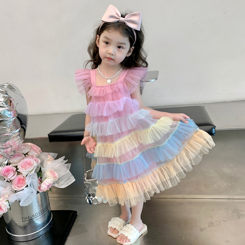 阿宝家女童公主裙2023夏季新款韩版小飞袖背心裙儿童彩虹蛋糕纱裙