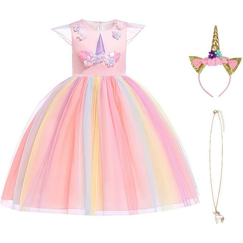 Gradient Rainbow Gauze Unicorn dress Macaron Color Sleeveless Gauze Dress Children Princess Dress Rainbow Dress suit