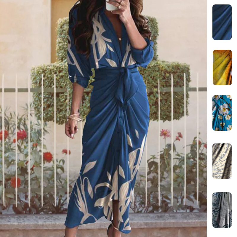 2026 Spring New Women's Clothing Cross-Border European and American Dresses Elegant and Sexy Printed V-Neck Tie High Waist Long Dress