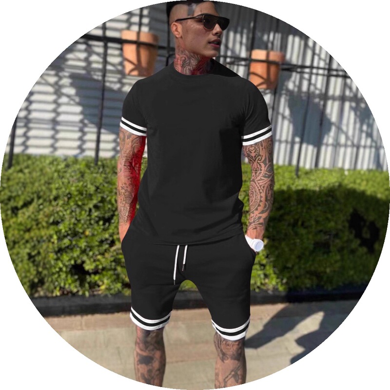 Cross-Border Foreign Trade Hot-Selling Men's Suits, Summer Casual Shorts, Men's Sports Pants, Black and White Cuffs, Casual Short-Sleeved T-Shirts Cross-Border Foreign Trade Hot-Selling Men's Suits, Summer Casual Shorts, Men's Sports Pants, Black and White Cuffs, Casual Short-Sleeved T-Shirts