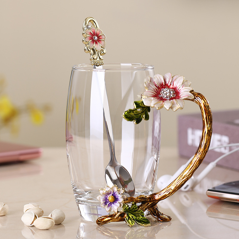 París marzo esmalte taza de agua de cristal resistente a altas temperaturas taza de té de flores para regalar a la novia maestros regalo de té