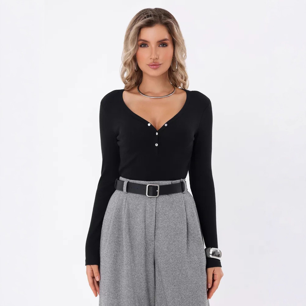 Yoga Women's T-Shirt Knitted Buttoned Long-Sleeved Bottoming Shirt, Versatile Slimming Top, Autumn, Winter and Spring Wear, High-End Style