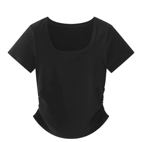 230g ice silk rib   Design, curved wear, slim pleated waist top, slimming, summer short-sleeved women