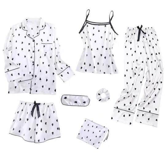 Cross-border ins2025 Pajamas Women's Spring and Autumn Seven-piece Set Striped Korean-style Home Clothes Four-season Thin Pajamas