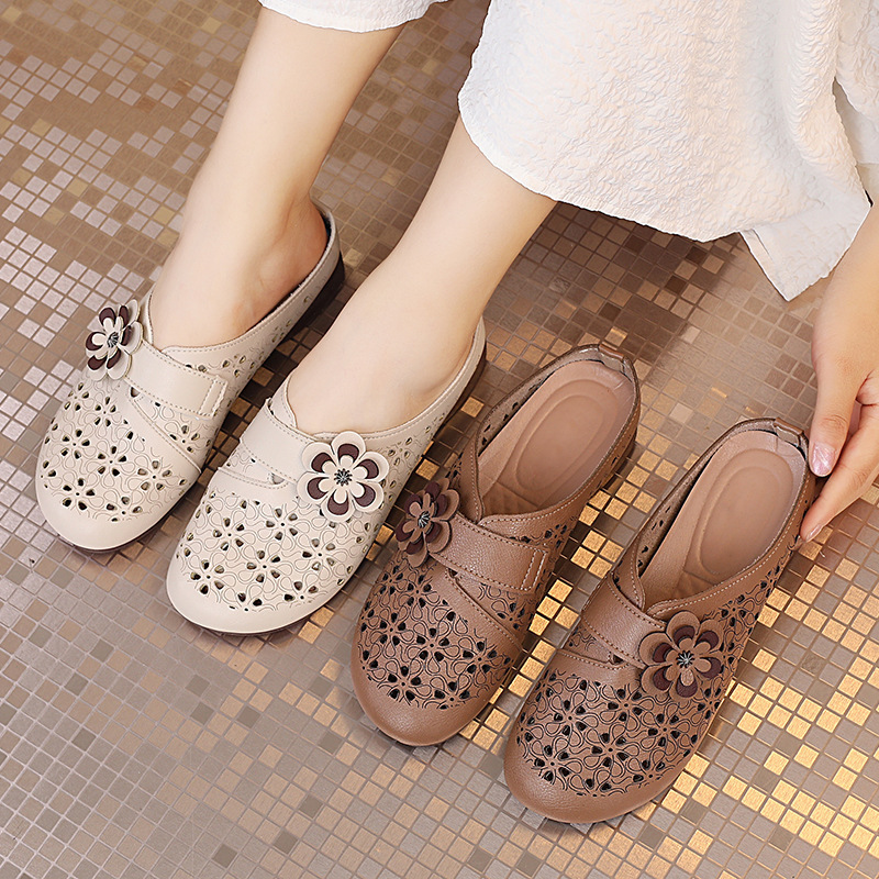 Soft Leather Hollow Breathable Soft Sole Middle-Aged and Elderly Toe-Cap Half Slippers for Women Summer Casual Versatile Non-Slip Comfortable Mom Shoes