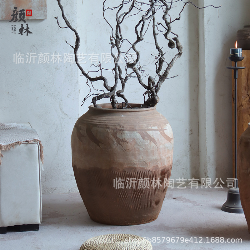 Hecho a mano vasijas de cerámica de tierra combinación de vasijas de cerámica Zen antiguo arte chino decoración de vivienda de cerámica gruesa