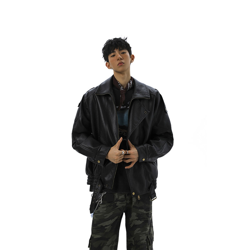 American-Style Double-Layer Collar Pu Leather Jacket for Men, Trendy Couple's Vest, Autumn and Winter High Street Cool Windproof Biker Casual Jacket