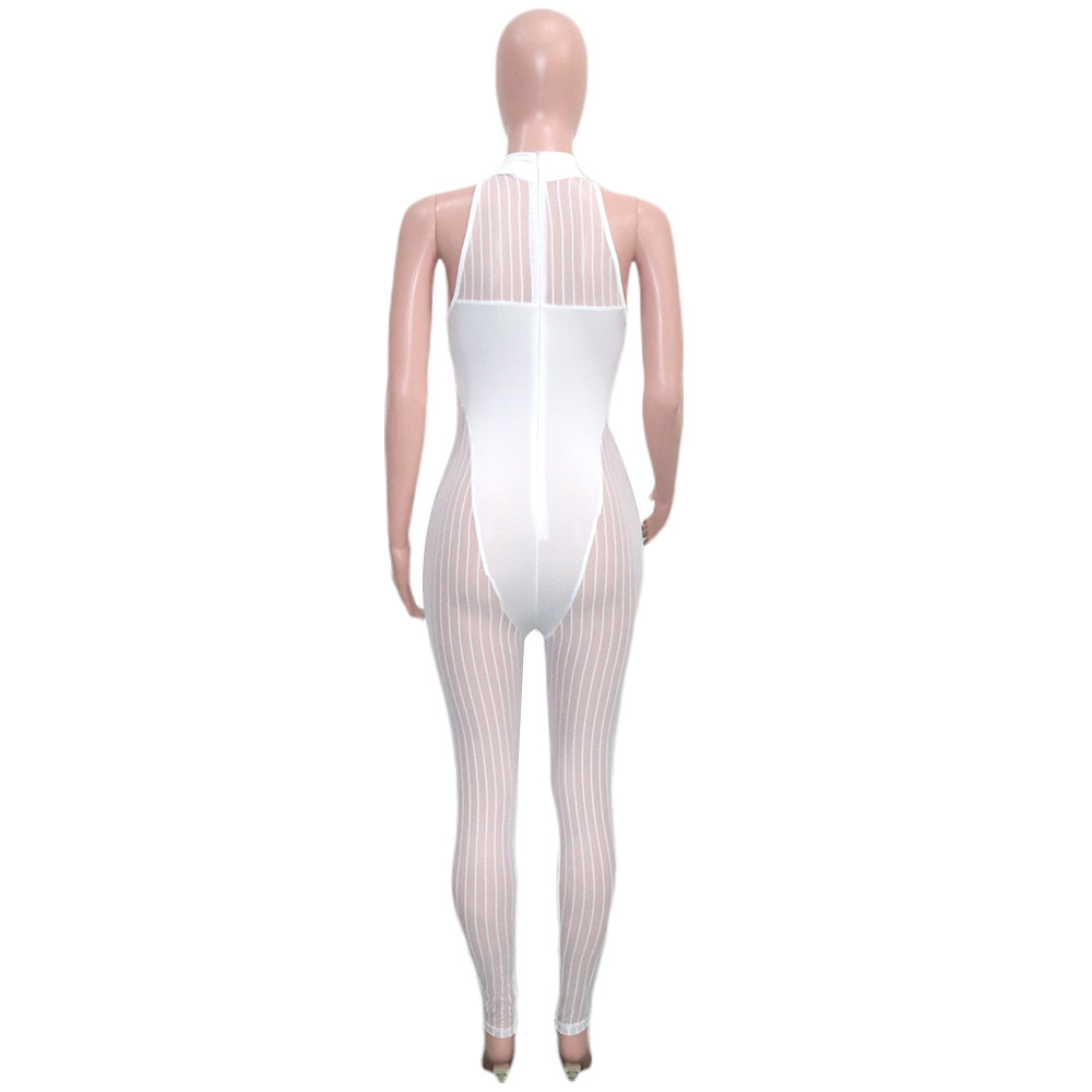 Sexy Bold Stripes Mesh See-through Sleeveless round Neck Jumpsuit for Women