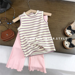 女童條紋背心褲子套裝夏季新款女寶寶針織吊帶衫喇叭褲兩件套跨境