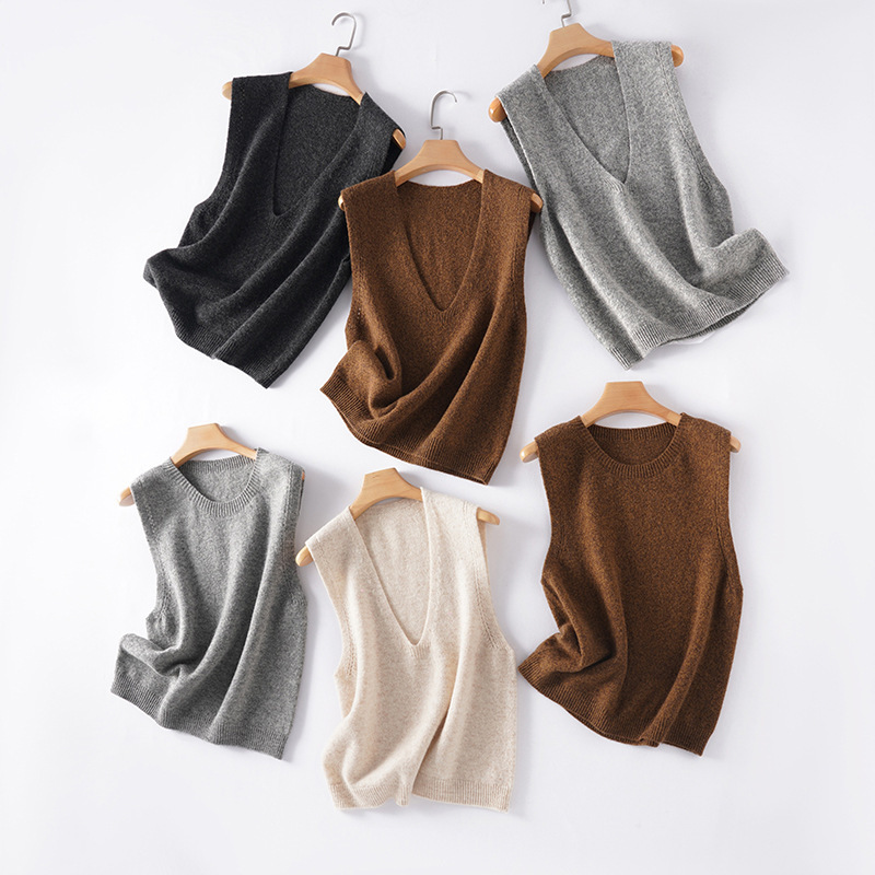 Trendy Layered Look, Solid Color Deep V-Neck 100% Wool Seamless Knit Vest, Loose Pullover Sleeveless Cardigan for Women
