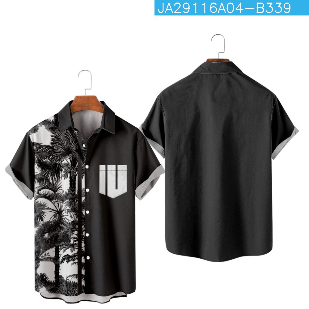 2023 Amazon nuevo transfronterizo Hawaiano planta color bloque patrón de impresión más tamaño de bolsillo de los hombres camisa de manga corta