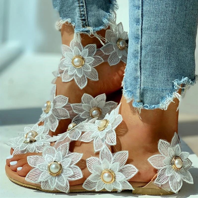 速卖通独立站外贸新款2021春季人造PU日系女式凉鞋人字型花朵女鞋