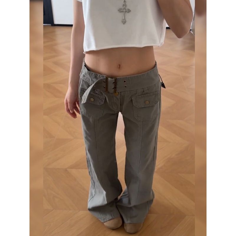Gray-green low-rise workwear flared jeans with front flap button pockets, washed vintage micro-flare denim trousers