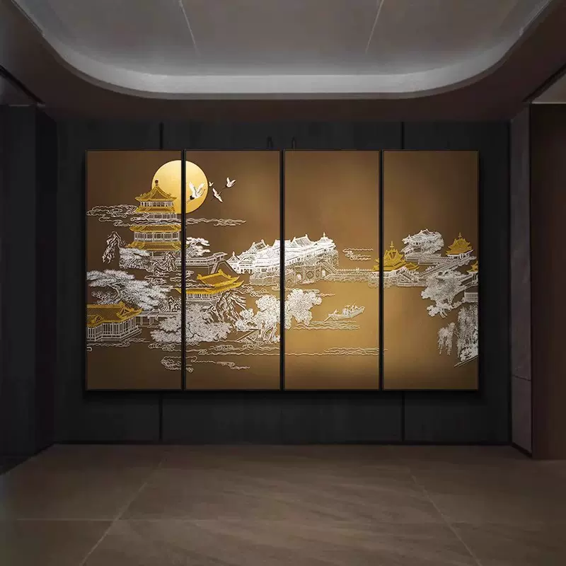 新中式高档酒店别墅样板间立体浮雕装饰画客厅沙发背景墙楼阁挂画