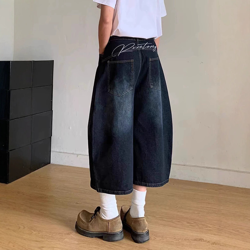 American-Style Letter Embroidery Dark Blue Scimitar Denim Women's Summer 2026 New Vintage Loose Slimming Cropped Pants