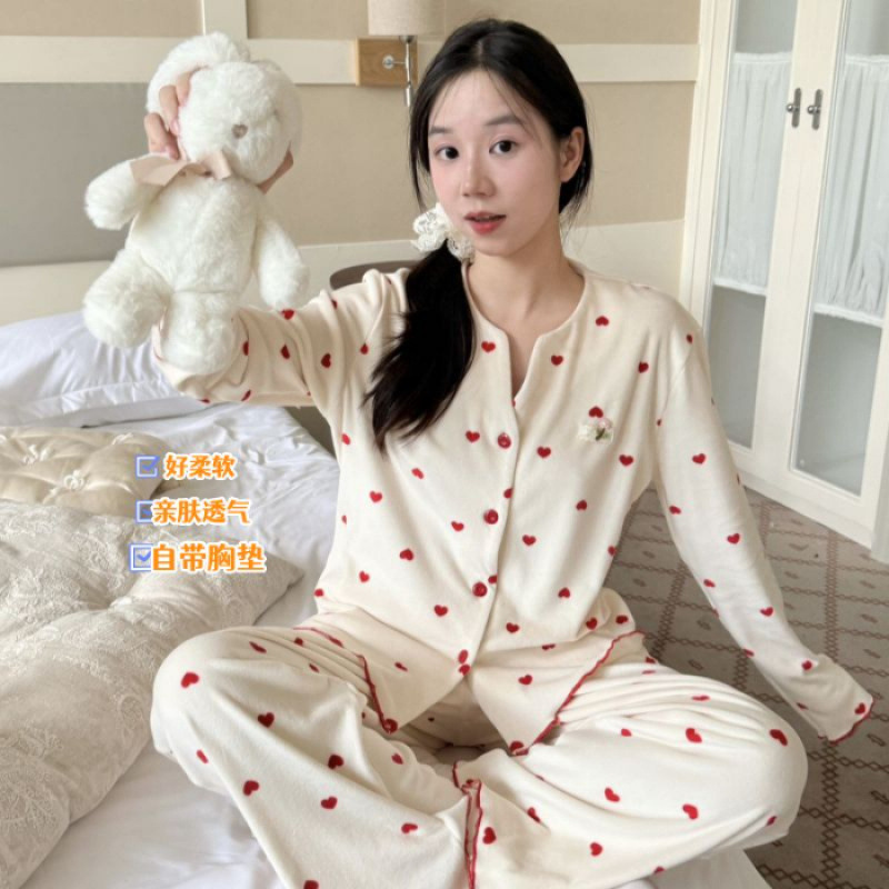 新品海岛绒V领开扣法式画室纯欲睡衣女套装家居服保暖休闲甜美