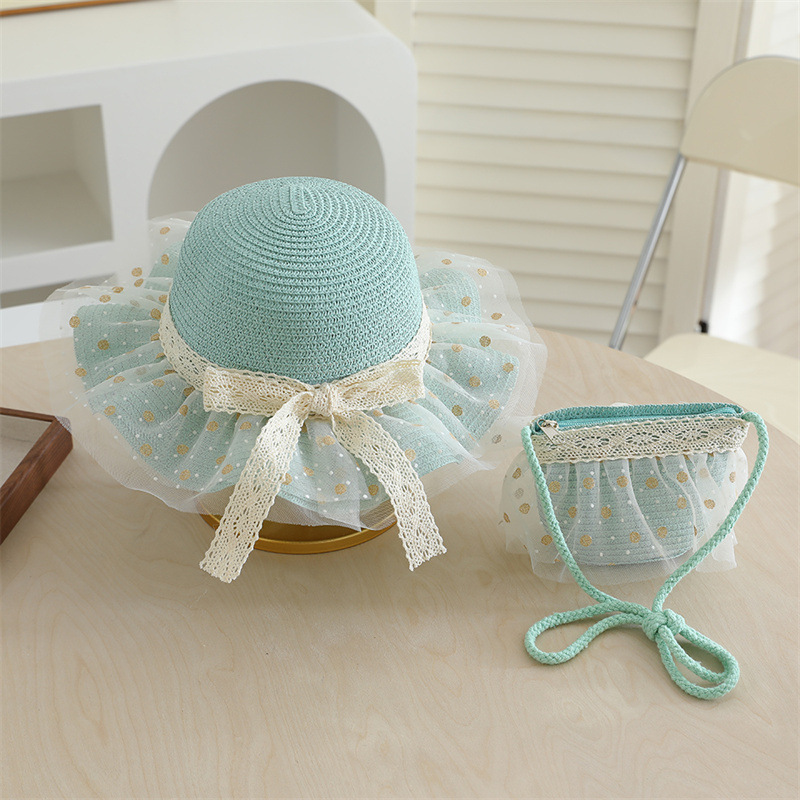 Polka-dot cut-off straw hat-green