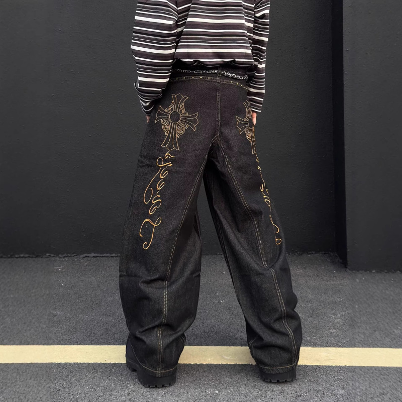 American-Style Trendy Brand Cross-Embroidered Jeans for Men and Women, Washed Black Loose Casual Wide-Leg Pants, Street Style Long Pants for Men