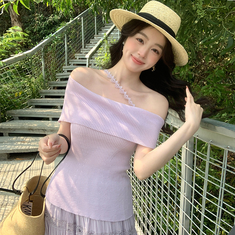 [Clearout No Returns] Xiuxixi 2025 Summer One-Line Collar Slim Sweater Women's Tops Women's 25252