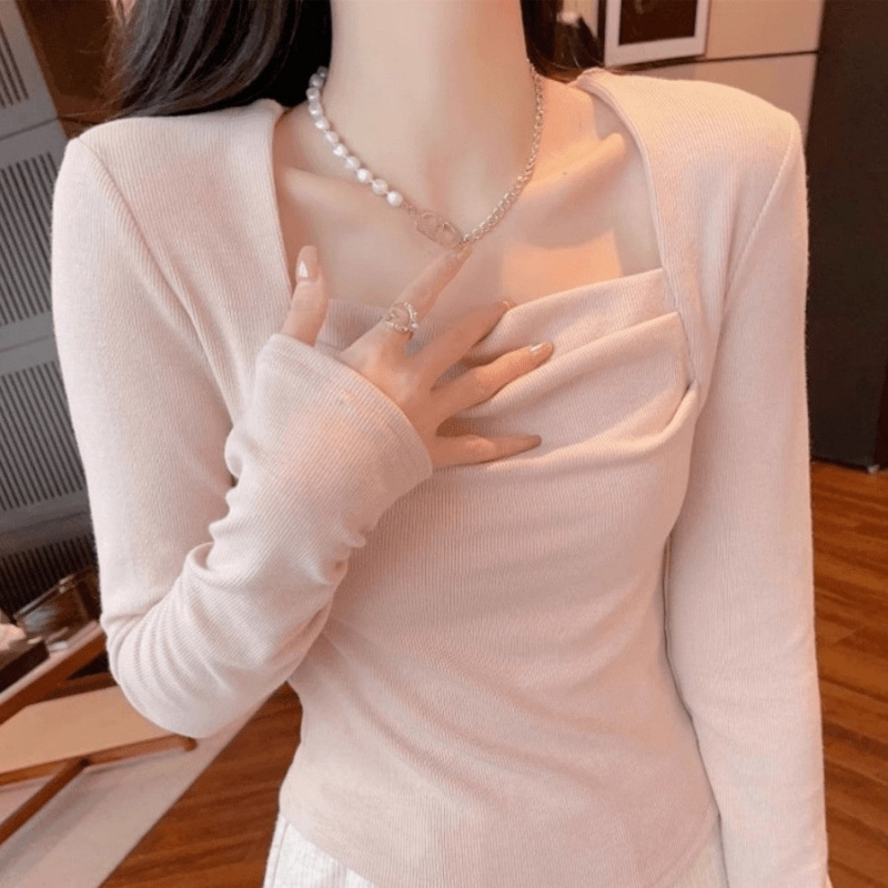 Pure Desire Square Collar Pleated Clavicle New Slim-fit French Base Top Spring and Autumn Niche Design Sense Inner Long-sleeved T-shirt