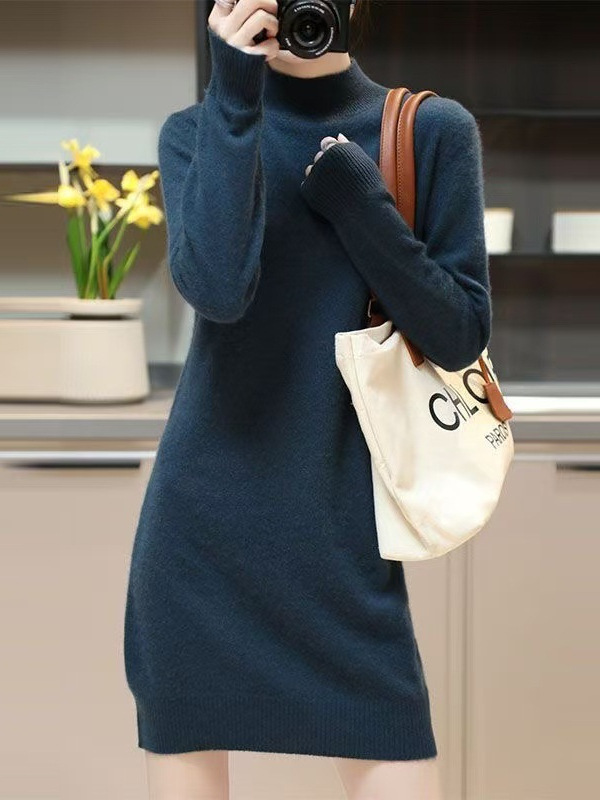 半高领保暖内搭外穿毛衣裙女套头针织衫2025秋冬新款中长款打底衫|undefined