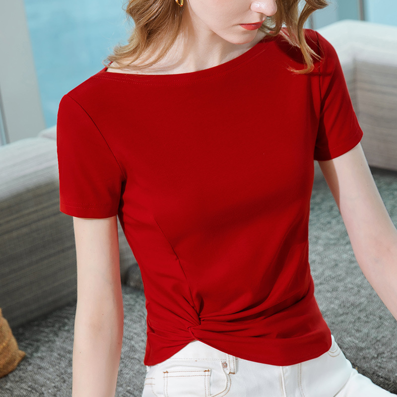 Camiseta de manga corta para mujer verano 2023 nueva camiseta de algodón elegante con hombros descubiertos para mujer diseño irregular top ajustado a la cintura image 4