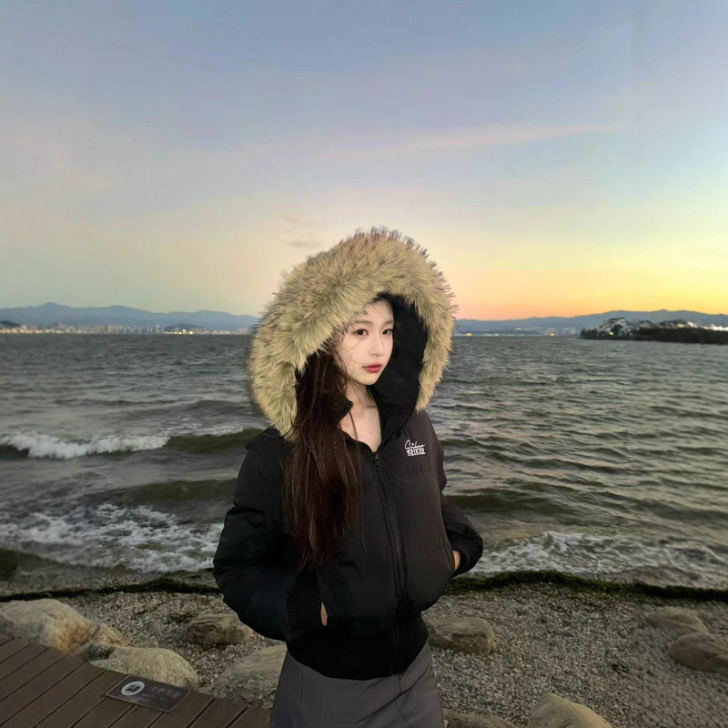 大毛领羽绒服女短款2025新款加厚保暖时髦连帽 90%白鸭绒冬季外套|undefined