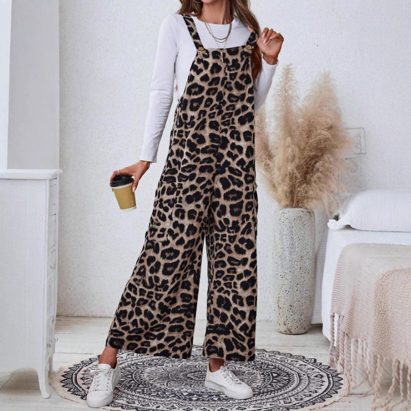 2025 Cross-Border New European and American Women's Spring and Summer Casual Leopard Print Sleeveless Jumpsuit Loose and Comfortable Pants with Pockets