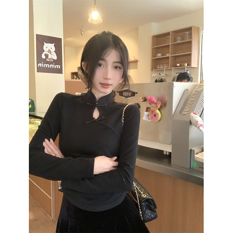 【Early Summer】260G 1*1 Ribbed German Velvet Light National Style Buttoned Stand Collar Long-Sleeve T-Shirt New Chinese Style Top