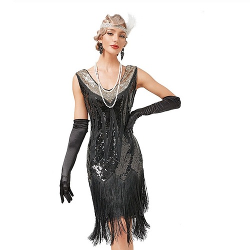 European and American retro 1920S retro V-neck tassel skirt Gatsby costume Latin dance party sequined beaded dress