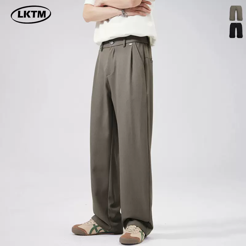 LKTM男装 夏季冰丝单褶休闲长裤男薄款高级感宽松阔腿垂感小西裤
